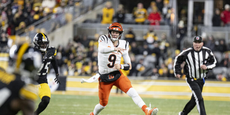 Cincinnati Bengals quarterback Joe Burrow (9) throws the ball in the second quarter of his team's win over the Steelers. (Photo by Shelley Lipton/Icon Sportswire via Getty Images)