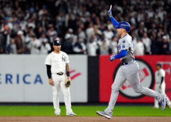 NEW YORK, NY - OCTOBER 29:  Freddie Freeman #5 of the Los Angeles Dodgers rounds the bases after hitting a two-run home run in the first inning during Game 4 of the 2024 World Series presented by Capital One between the Los Angeles Dodgers and the New York Yankees at Yankee Stadium on Tuesday, October 29, 2024 in New York, New York. (Photo by Daniel Shirey/MLB Photos via Getty Images)