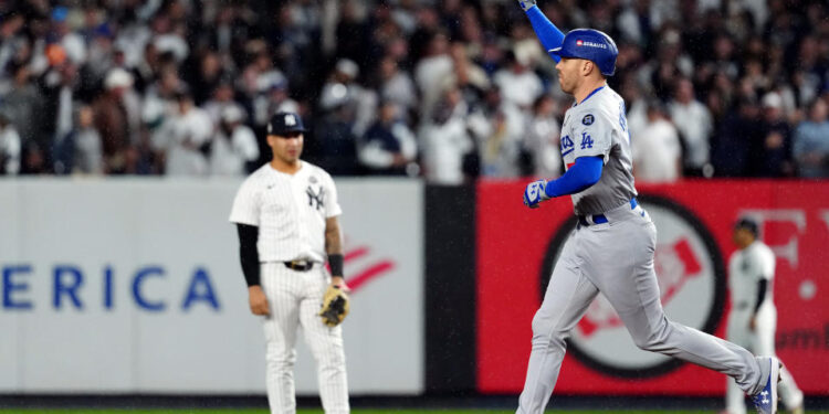 NEW YORK, NY - OCTOBER 29:  Freddie Freeman #5 of the Los Angeles Dodgers rounds the bases after hitting a two-run home run in the first inning during Game 4 of the 2024 World Series presented by Capital One between the Los Angeles Dodgers and the New York Yankees at Yankee Stadium on Tuesday, October 29, 2024 in New York, New York. (Photo by Daniel Shirey/MLB Photos via Getty Images)