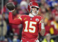 Kansas City Chiefs quarterback Patrick Mahomes (15) works in the pocket during the first half of the AFC Championship NFL football game against the Buffalo Bills, Sunday, Jan. 26, 2025, in Kansas City, Mo. (AP Photo/Ashley Landis)