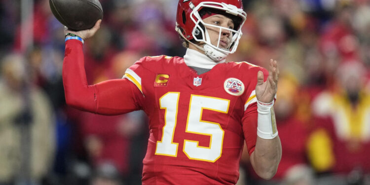 Kansas City Chiefs quarterback Patrick Mahomes (15) works in the pocket during the first half of the AFC Championship NFL football game against the Buffalo Bills, Sunday, Jan. 26, 2025, in Kansas City, Mo. (AP Photo/Ashley Landis)