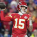 Kansas City Chiefs quarterback Patrick Mahomes (15) works in the pocket during the first half of the AFC Championship NFL football game against the Buffalo Bills, Sunday, Jan. 26, 2025, in Kansas City, Mo. (AP Photo/Ashley Landis)