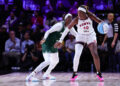 MEDLEY, FLORIDA - JANUARY 17: Rhyne Howard #10 of the Vinyl controls the ball around Kahleah Copper #2 of Rose during the second half at The Mediapro Studio on January 17, 2025 in Medley, Florida. (Photo by Carmen Mandato/Getty Images)