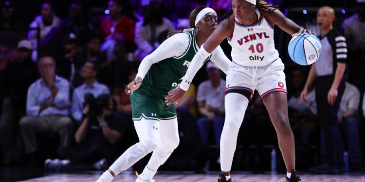 MEDLEY, FLORIDA - JANUARY 17: Rhyne Howard #10 of the Vinyl controls the ball around Kahleah Copper #2 of Rose during the second half at The Mediapro Studio on January 17, 2025 in Medley, Florida. (Photo by Carmen Mandato/Getty Images)