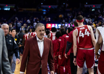 Jan 14, 2025; Baton Rouge, Louisiana, USA;  Arkansas Razorbacks head coach John Calipari reacts after being defeated by the LSU Tigers at Pete Maravich Assembly Center. Mandatory Credit: Stephen Lew-Imagn Images