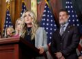 Riley Gaines speaks at a news conference following the House vote on the Protection of Women and Girls in Sports Act at the U.S. Capitol on Jan. 14, 2025.