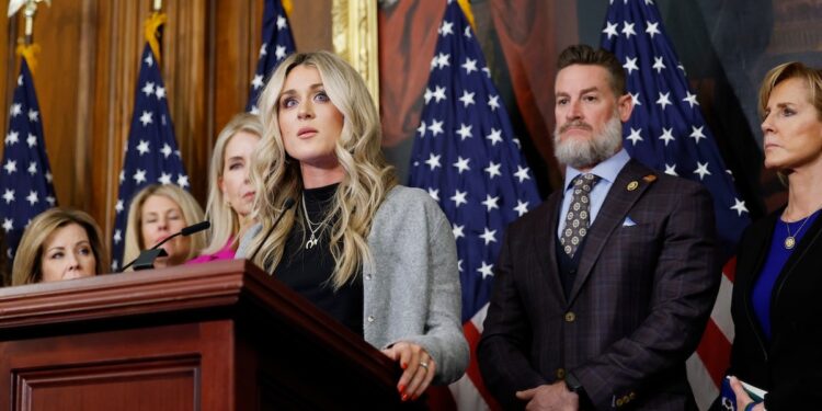 Riley Gaines speaks at a news conference following the House vote on the Protection of Women and Girls in Sports Act at the U.S. Capitol on Jan. 14, 2025.