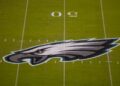 A detailed view of the Philadelphia Eagles logo at midfield prior to the game against the Dallas Cowboys at Lincoln Financial Field on November 1, 2020 in Philadelphia, Pennsylvania. 