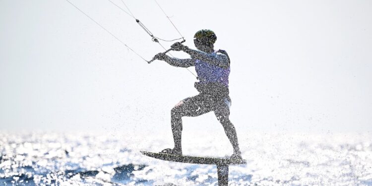 Bruno Lobo of Team Brazil competes in the Men's Kite on day thirteen of the Olympic Games Paris 2024 at Marseille Marina on August 08, 2024 in Marseille, France.