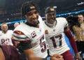 Jayden Daniels #5 of the Washington Commanders celebrates with Terry McLaurin #17 after defeating the Detroit Lions 45-31 in the NFC Divisional Playoff at Ford Field on January 18, 2025 in Detroit, Michigan.  