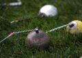 Jun 9, 2011; Des Moines, IA, USA; General view of implements during the women's hammer throw at the 2011 NCAA Track &amp; Field Championships at Drake Stadium. 