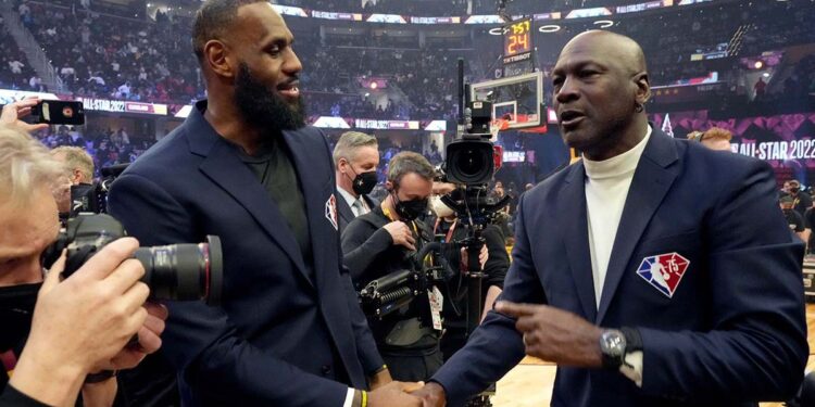 LeBron James and Michael Jordan shake hands