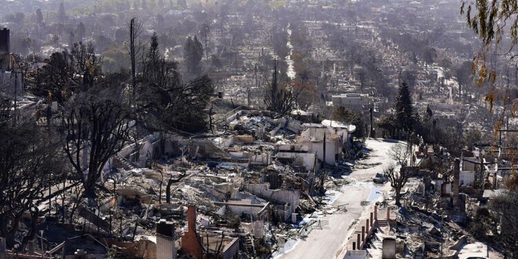 A general view of the burned residential areas as wildfires continue to wreak havoc