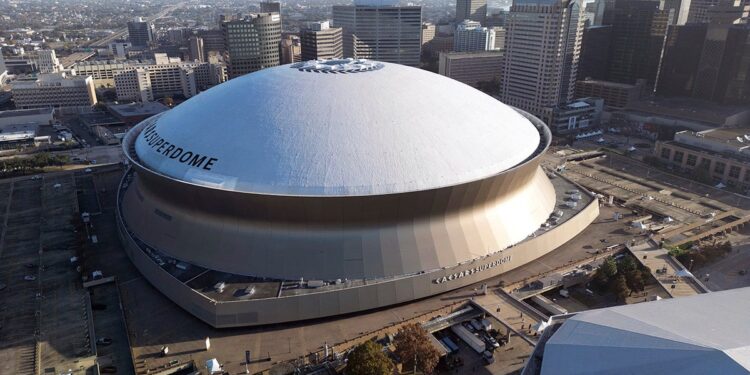 An aerial overall exterior general view of Caesars Superdome, Sunday, Dec. 15, 2024, in New Orleans. (AP Photo/Tyler Kaufman)