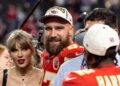 Travis Kelce and Taylor Swift react after a game