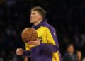 LOS ANGELES, CA - DECEMBER 8, 2024: Los Angeles Lakers guard Dalton Knecht (4) before the game against the Portland Trail Blazers at Crypto.com Arena on December 8, 2024 in Los Angeles, California. (Gina Ferazzi / Los Angeles Times)