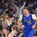 Dec 25, 2024; Dallas, Texas, USA; Dallas Mavericks guard Luka Doncic (77) celebrates after making a basket against the Minnesota Timberwolves during the first quarter at the American Airlines Center. Mandatory Credit: Jerome Miron-Imagn Images