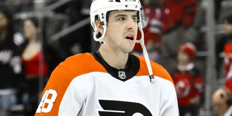 Jan 29, 2025; Newark, New Jersey, USA; Philadelphia Flyers center Morgan Frost (48) warms up before a game against the New Jersey Devils at Prudential Center. Mandatory Credit: John Jones-Imagn Images