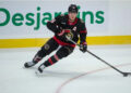 Nov 9, 2023; Ottawa, Ontario, CAN; Ottawa Senators center Tim Stutzle (18) skates with the puck in the third period against the Vancouver Canucks at the Canadian Tire Centre. credits: Marc DesRosiers-USA TODAY Sports