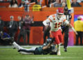 Kansas City Chiefs quarterback Patrick Mahomes (15) is tackled by Philadelphia Eagles linebacker T.J. Edwards (57) during the second quarter in Super Bowl LVII at State Farm Stadium in Glendale on Feb. 12, 2023. Nfl Super Bowl Lvii Kansas City Chiefs Vs Philadelphia Eagles. PHOTO USA TODAY SPORTS IMAGES