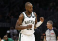 Mar 20, 2024; Boston, Massachusetts, USA; Milwaukee Bucks forward Khris Middleton (22) pumps his fist after hitting a basket against the Boston Celtics during the second half at TD Garden. Mandatory Credit: Winslow Townson-Imagn Images