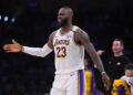 Dec 15, 2024; Los Angeles, California, USA; Los Angeles Lakers forward LeBron James (23) reacts in the first half against the Memphis Grizzlies at Crypto.com Arena. Mandatory Credit: Kirby Lee-Imagn Images