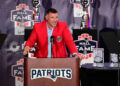 Oct 21, 2023; Foxborough, MA, USA; New England Patriots former linebacker and new head coach Mike Vrabel makes a speech at his 2023 Patriots Hall of Fame induction in the Cross Insurance Pavilion at Gillette Stadium. Mandatory Credit: Eric Canha-Imagn Images