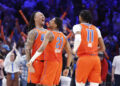 Jan 3, 2025; Oklahoma City, Oklahoma, USA; Oklahoma City Thunder forward Jaylin Williams (6) and guard Aaron Wiggins (21) celebrate after scoring against the New York Knicks during the second half at Paycom Center. Mandatory Credit: Alonzo Adams-Imagn Images