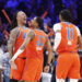 Jan 3, 2025; Oklahoma City, Oklahoma, USA; Oklahoma City Thunder forward Jaylin Williams (6) and guard Aaron Wiggins (21) celebrate after scoring against the New York Knicks during the second half at Paycom Center. Mandatory Credit: Alonzo Adams-Imagn Images