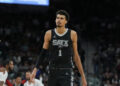 Jan 29, 2025; San Antonio, Texas, USA; San Antonio Spurs center Victor Wembanyama (1) looks up in the second half against the LA Clippers at Frost Bank Center. Mandatory Credit: Daniel Dunn-Imagn Images