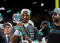 Feb 9, 2025; New Orleans, LA, USA; Philadelphia Eagles quarterback Jalen Hurts (1) celebrates with head coach Nick Sirianni after winning against Kansas City Chiefs in Super Bowl LIX at Caesars Superdome. Mandatory Credit: Geoff Burke-Imagn Images