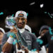 Feb 9, 2025; New Orleans, LA, USA; Philadelphia Eagles quarterback Jalen Hurts (1) celebrates with head coach Nick Sirianni after winning against Kansas City Chiefs in Super Bowl LIX at Caesars Superdome. Mandatory Credit: Geoff Burke-Imagn Images