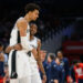 Feb 10, 2025; Washington, District of Columbia, USA; San Antonio Spurs center Victor Wembanyama (1) and guard De'Aaron Fox (4) react during the second quarter against the Washington Wizards at Capital One Arena. Mandatory Credit: Reggie Hildred-Imagn Images