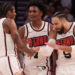 Feb 12, 2025; Houston, Texas, USA; Houston Rockets guard Jalen Green (4) and forward Amen Thompson (1) celebrate with forward Dillon Brooks (9) after a three point basket against the Phoenix Suns in the second half at Toyota Center. Mandatory Credit: Thomas Shea-Imagn Images