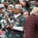 Feb 9, 2025; New Orleans, LA, USA; Philadelphia Eagles quarterback Jalen Hurts (1) hoists the Vince Lombardi Trophy after defeating the Kansas City Chiefs in Super Bowl LIX at Ceasars Superdome. Mandatory Credit: Kirby Lee-Imagn Images