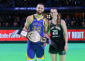 Stephen Curry of the Golden State Warriors and Sabrina Ionescu of the New York Liberty pose for a photo after their 3-point challenge during the State Farm All-Star Saturday Night at Lucas Oil Stadium. source: Getty Images