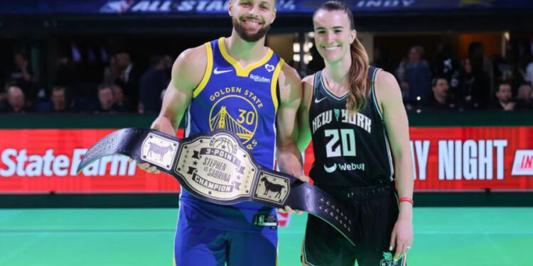 Stephen Curry of the Golden State Warriors and Sabrina Ionescu of the New York Liberty pose for a photo after their 3-point challenge during the State Farm All-Star Saturday Night at Lucas Oil Stadium. source: Getty Images