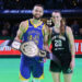 Stephen Curry of the Golden State Warriors and Sabrina Ionescu of the New York Liberty pose for a photo after their 3-point challenge during the State Farm All-Star Saturday Night at Lucas Oil Stadium. source: Getty Images