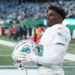 Jan 5, 2025; East Rutherford, New Jersey, USA; Miami Dolphins wide receiver Tyreek Hill (10) on the field before the game against the New York Jets at MetLife Stadium. Mandatory Credit: Vincent Carchietta-Imagn Images