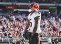 Oct 20, 2024; Cleveland, Ohio, USA; Cincinnati Bengals wide receiver Tee Higgins (5) celebrates after scoring a touchdown during the second half against the Cleveland Browns at Huntington Bank Field. Mandatory Credit: Ken Blaze-Imagn Images