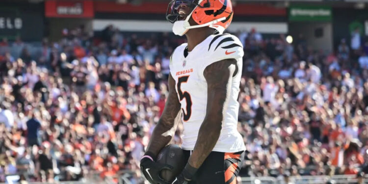 Oct 20, 2024; Cleveland, Ohio, USA; Cincinnati Bengals wide receiver Tee Higgins (5) celebrates after scoring a touchdown during the second half against the Cleveland Browns at Huntington Bank Field. Mandatory Credit: Ken Blaze-Imagn Images