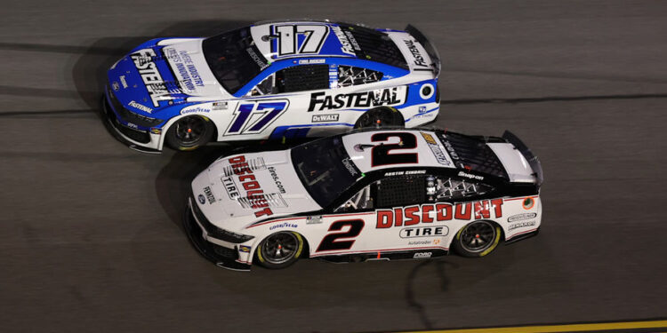 NASCAR Cup Series drivers Chris Buescher (17) and Austin Cindric (2) at Daytona on Thursday. (Photo by Mike Watters — Imagn Images)