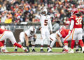 Dec 15, 2024; Cleveland, Ohio, USA; Cleveland Browns quarterback Jameis Winston (5) calls signals against the Kansas City Chiefs during the first quarter at Huntington Bank Field. Mandatory Credit: Scott Galvin-Imagn Images