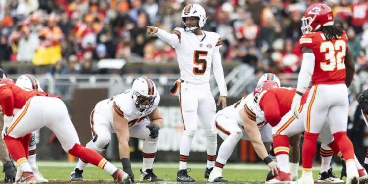 Dec 15, 2024; Cleveland, Ohio, USA; Cleveland Browns quarterback Jameis Winston (5) calls signals against the Kansas City Chiefs during the first quarter at Huntington Bank Field. Mandatory Credit: Scott Galvin-Imagn Images