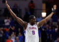 Feb 15, 2025; Gainesville, Florida, USA; Florida Gators center Rueben Chinyelu (9) gestures toward the crowd against the South Carolina Gamecocks during the second half at Exactech Arena at the Stephen C. O'Connell Center. Mandatory Credit: Matt Pendleton-Imagn Images