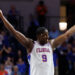 Feb 15, 2025; Gainesville, Florida, USA; Florida Gators center Rueben Chinyelu (9) gestures toward the crowd against the South Carolina Gamecocks during the second half at Exactech Arena at the Stephen C. O'Connell Center. Mandatory Credit: Matt Pendleton-Imagn Images