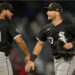 Sep 16, 2024; Anaheim, California, USA; Chicago White Sox left fielder Andrew Benintendi (23) and second baseman Lenyn Sosa (50) head off the field after the final out of the ninth inning defeating the Los Angeles Angels at Angel Stadium. Mandatory Credit: Jayne Kamin-Oncea-Imagn Images