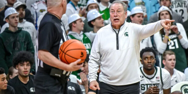 Michigan State's head coach Tom Izzo argues with a referee during the second half in the game against Indiana on Tuesday, Feb. 11, 2025, at the Breslin Center in East Lansing. PHOTO USA TODAY SPORTS IMAGES