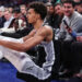 Dec 25, 2024; New York, New York, USA; San Antonio Spurs center Victor Wembanyama (1) sits on the floor after getting fouled in the third quarter against the New York Knicks at Madison Square Garden. Mandatory Credit: Wendell Cruz-Imagn Images