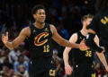 Feb 21, 2025; Cleveland, Ohio, USA; Cleveland Cavaliers forward De'Andre Hunter (12) reacts during the second half against the New York Knicks at Rocket Arena. Mandatory Credit: Ken Blaze-Imagn Images